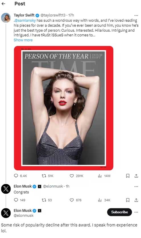 Elon Musks warning to Taylor Swift sparks reactions