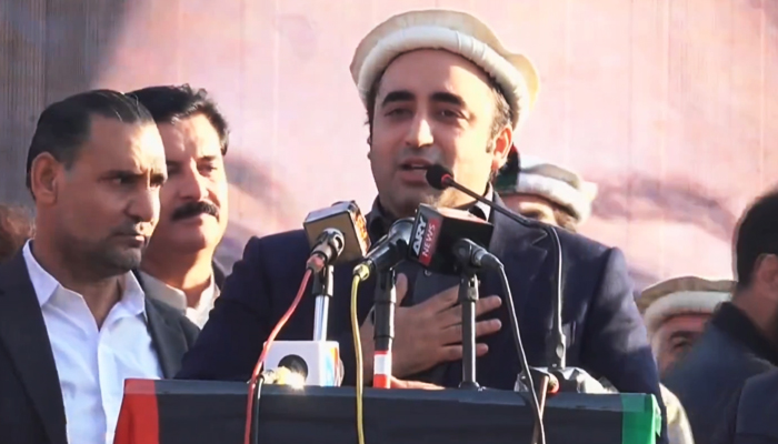 PPP Chairman Bilawal Bhutto-Zardari addressing a political gathering in Lower Dir, Khyber Pakhtunkhwa on December 9, 2023, in this still taken from a video. — YouTube/Geo News