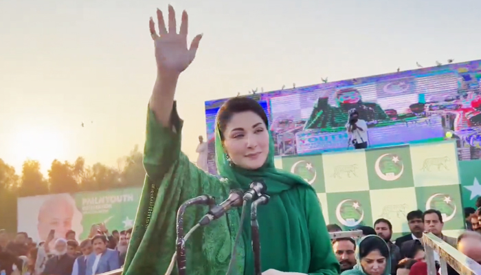 PML-N Senior Vice President Maryam Nawaz gestures during a rally in Jalalpur Jattan, Gujrat on December 9, 2023, in this still taken from a video. — YouTubbe/GeoNewsLive