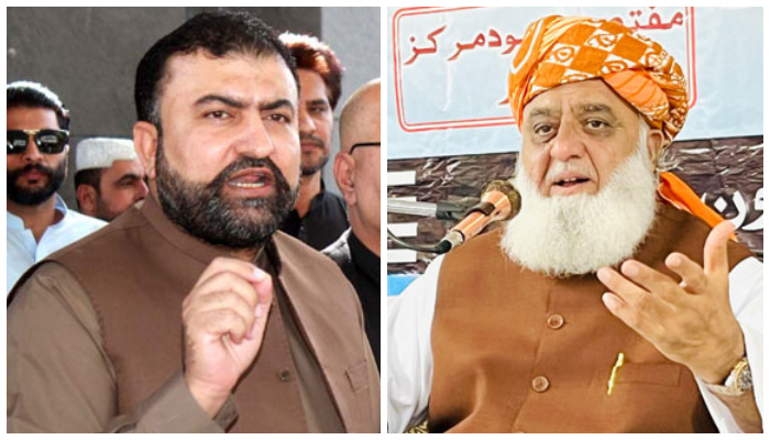 Caretaker Interior Minister Sarfraz Bugti (left) and JUI-F chief Maulana Fazlur Rehman. — APP/X/@juipakofficial/File