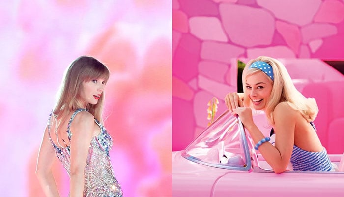 Taylor Swift during the Eras Tour. Margot Robbie for Barbies poster. — X/@ct