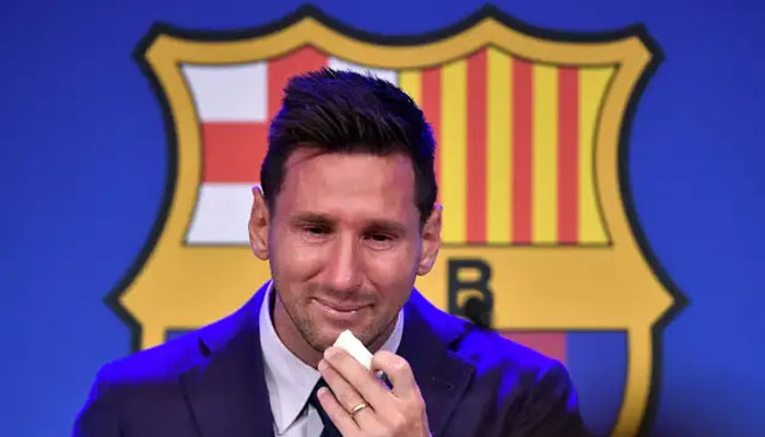 Lionel Messi cries during FC Barcelona press conference leading to his departure. — AFP/File