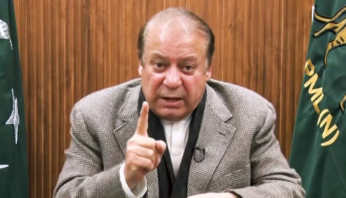 PML-N supremo Nawaz Sharif speaks during a recorded address to supporters in this still taken from a video on December 14, 2023. — YouTube/GeoNews