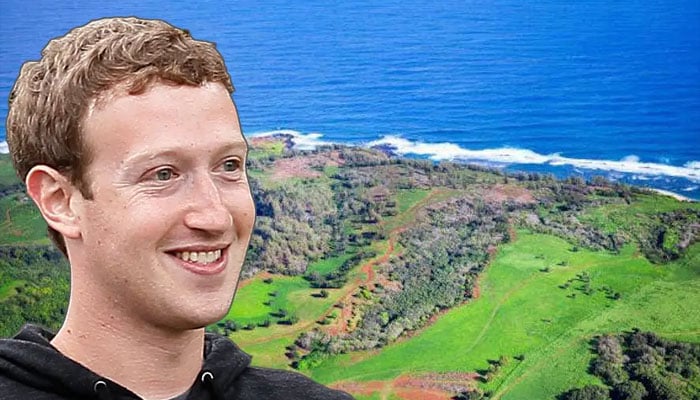 A cut out of Mark Zuckerberg with an aerial view of Hawaii as a backdrop. — X/@rickwilking