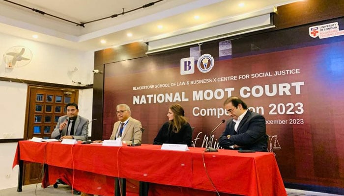 Panellists attending the three-day national moot court competition 2023 on the topic “Rights of Religious Minorities and forced faith conversion in Pakistan” in Lahore on December 16, 2023.