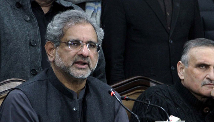 Former premier Shahid Khaqan Abbasi addresses media persons during a press conference held at the Peshawar Press Club on January 28, 2023. — PPI