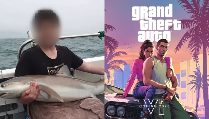 This combination of pictures shows Arion Kurtaj (left) with his face blurred and the poster for Grand Theft Auto (GTA) 6. — BBC/X/Files