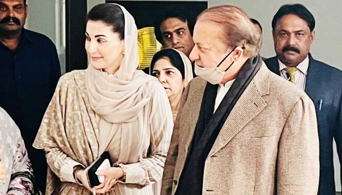 PML-N supremo Nawaz Sharif with daughter and party Vice President Maryam Nawaz in this undated image. — X@MaryamNSharif