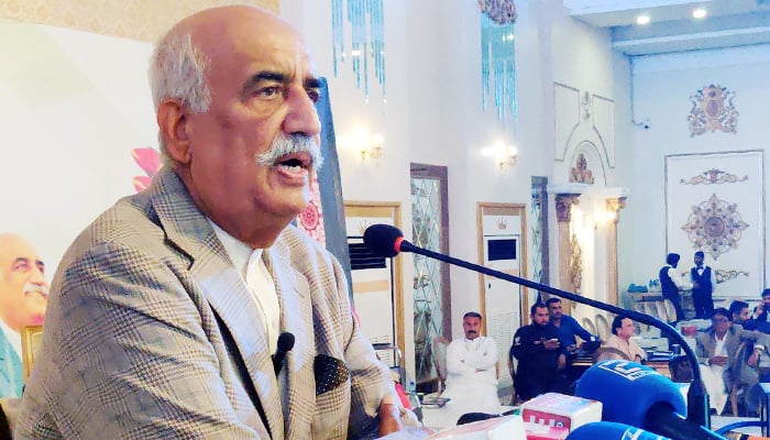 Senior PPP leader Khursheed Shah addressing participants during a party event in Sukkur, on December 6, 2023. — PPI