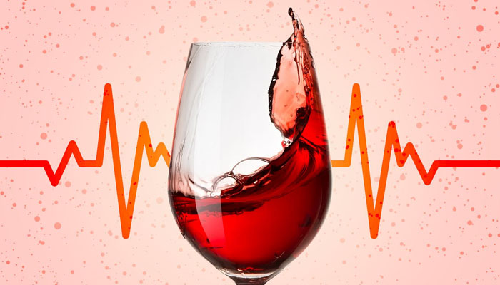 An illustration depicting a wine glass with digital heart beat lines as a backdrop. — X/@eatingwell