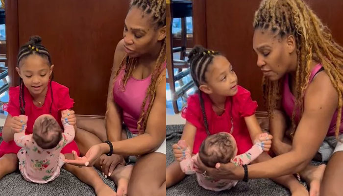 This combination of screengrabs shows Serena Williams assisting her daughter Olympia during a workout with her little sister Adira. — Instagram/@serenawilliams