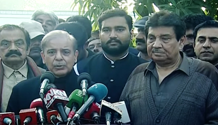 PML-N President Shehbaz Sharif (left) and ex-PPP leader Faisal Saleh Hayat speaking to the media in this still taken from a video on December 27, 2023. — Geo News