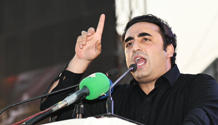PPP Chairman Bilawal Bhutto Zardari speaking to a party gathering marking the 16th death anniversary of Benazir Bhutto on December 27, 2023. — X/@MediaCellPPP