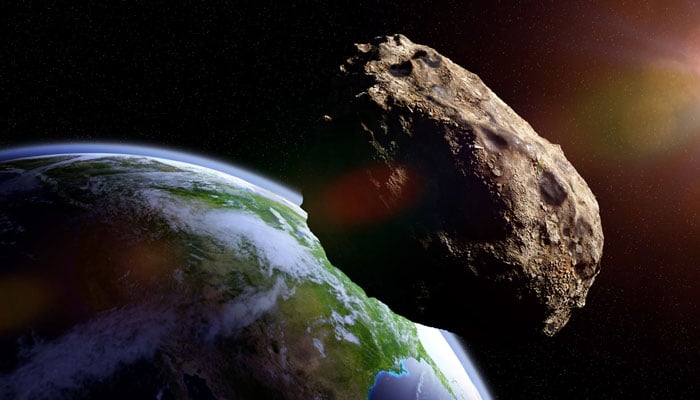 An illustration depicting Apophis or God of Chaos asteroid approaching near earth. — Nasa