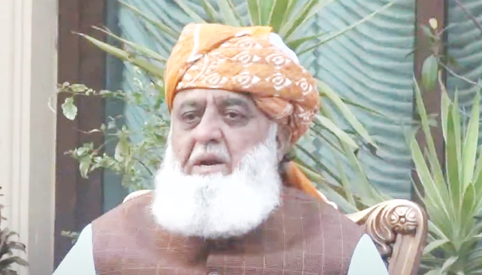 JUI-F Emir Maulana Fazlur Rehman addressing the press conference in Islamabad, on December 28, 2023, in this still taken from a video. — Geo News