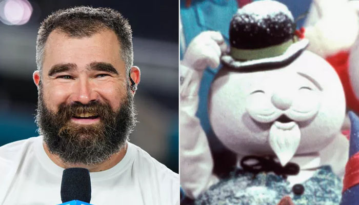 Jason Kelce; Sam the Snowman from Rudolph the Red-Nosed Reindeer. — X/@cooperneill/@nbcuniversal