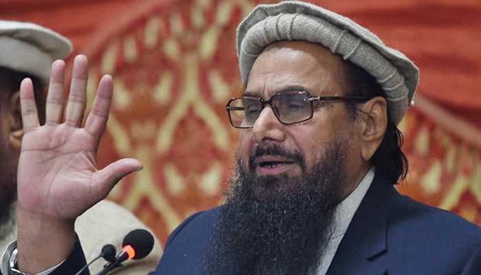 Hafiz Muhammad Saeed, chief of banned Jamaatud Dawa, addresses a gathering. — AFP/File