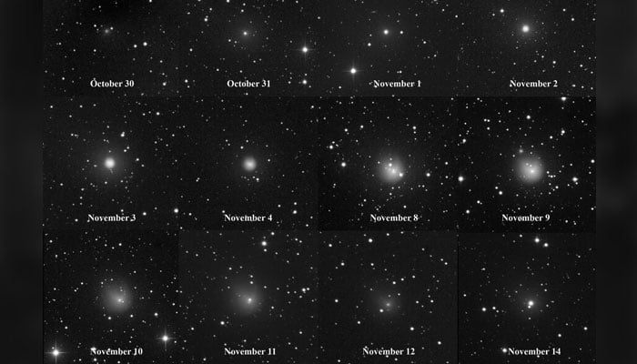 Images of Comet 12P Pons-Brooks over some weeks captured by Eliot Herman, a professor of plant sciences in Arizona. — X/@earthskyscience