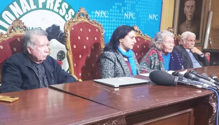 HRCP Co-char Munizae Jahangir (second from left) speaks during a press conference in Islamabad, on January 1, 2024. — X/@HRCP87