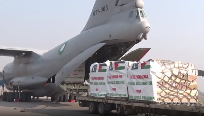 Relief goods for Gaza people are being loaded onto special Pakistan Air Force (PAF) aircraft at Nur Khan Airbase in Islamabad, in this still taken from a video. – Radio Pakistan