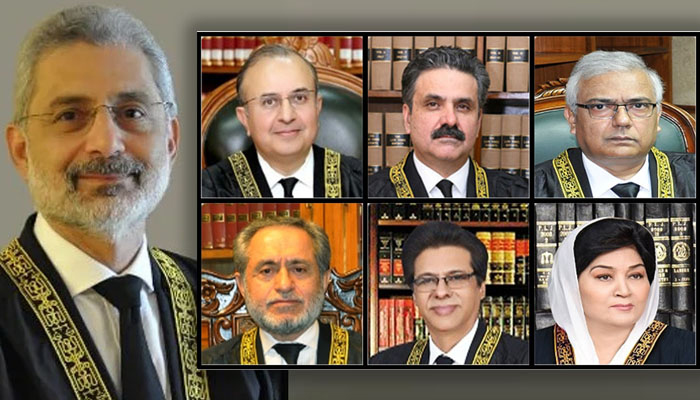 CJP Qazi Faez Isa (left) (clockwise) Justice Syed Mansoor Ali Shah, Justice Yahya Afridi, Justice Aminuddin Khan, Justice Jamal Khan Mandokhel, Justice Muhammad Ali Mazhar, and Justice Musarat Hilali. — Supreme Court
