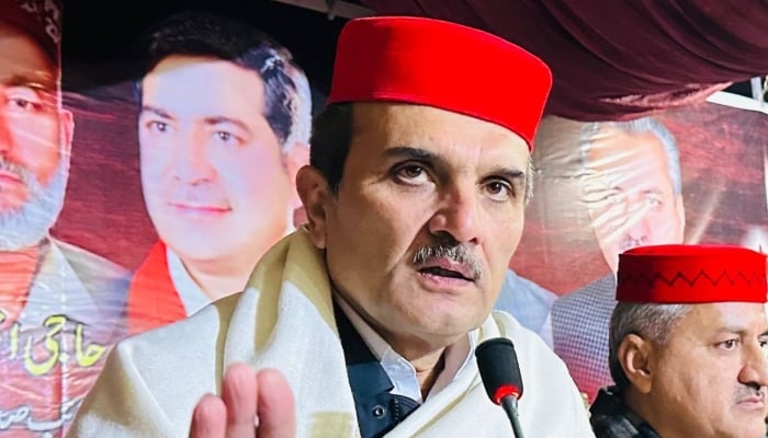 Central Senior Vice President Awami National Party (ANP) Ameer Haider Khan Hoti is addressing an election rally in Mardan on January 1, 2024. —X/@ANPMarkaz