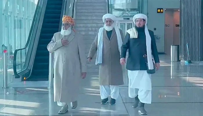 Jamiat Ulema-e-Islam Fazl (JUI-F) supremo Maulana Fazlur Rehman (left) leaves for Afghanistan in this image taken from a video on January 7, 2024. — X/@juipakofficial