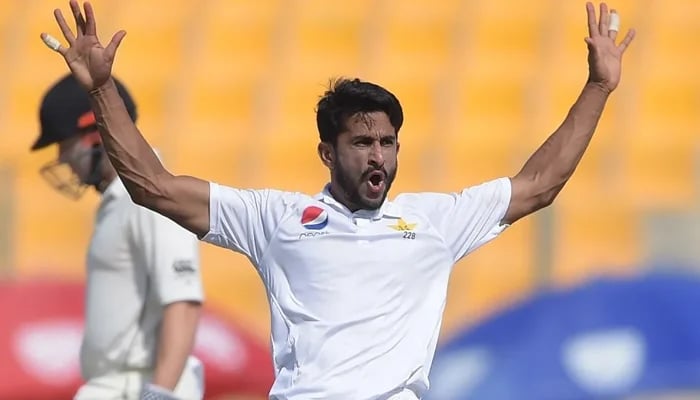 Pakistani pacer Hasan Ali celebrates after grabbing a wicket during a Test match in this undated photo. — AFP/File