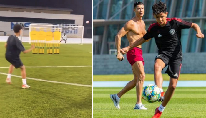 Cristiano Ronaldo Jr hits a free kick while training with Yahya Idrissi in this undated image taken from a video (left) and he can be seen training with Ronaldo. — X/@CristianoXtra_/Instagram/@Cristiano