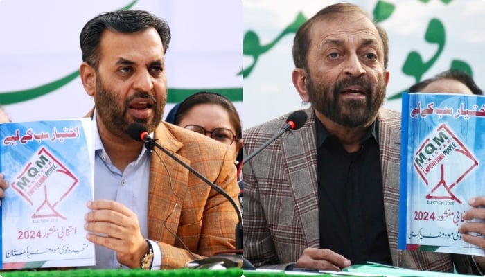 MQM-P leaders Mustafa Kamal (L) and Farooq Sattar (R) are addressing an event held to reveal the general elections 2024 party manifesto in Karachi on January 4, 2024. —Facebook/ Anis Ahmed Kaimkhani Official