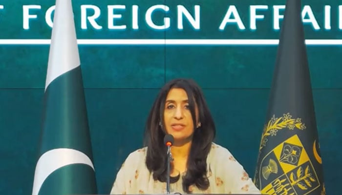 Foreign Office Spokesperson Mumtaz Zahra Baloch speaks during the FOs weekly briefing in Islamabad on January 11, 2024, in this still taken from a video. — X/@ForeignOfficePk