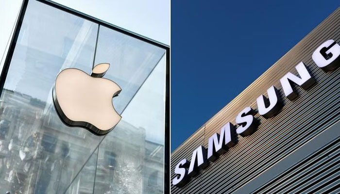 Front views of Apple and Samsung offices. — AFP/File