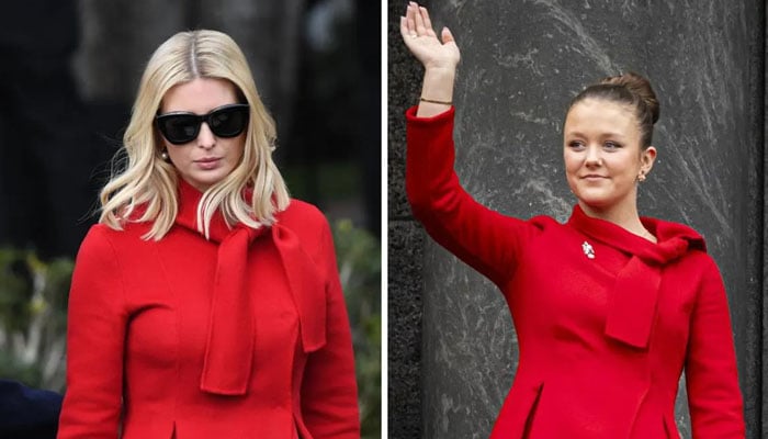 Ivanka Trump and Isabella of Denmark wearing the red coat by Carolina Herrera. — X/@grosbygroup