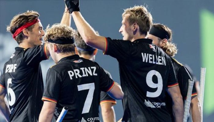 German hockey team players celebrating during Olympics qualifier match against Pakistan in Muscat, Oman, on January 20, 2024. — Instagram/dhb_hockey
