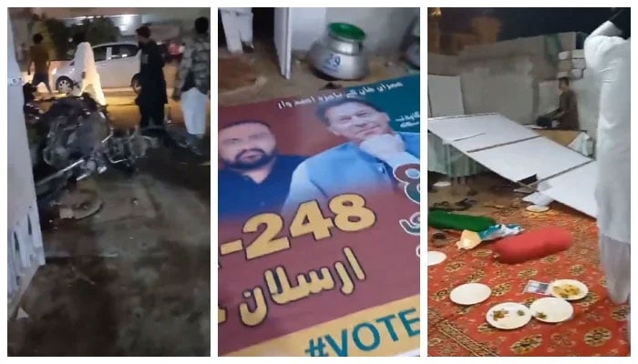 (Left to right) Bikes thrown on the ground, a poster showing PTI-backed candidate Arsalan Khalid along with a picture of Imran Khan, and post-attack situation of the party’s event, in these stills taken from a video, on January 21, 2024, in Karachi. — X/@PTIOfficial