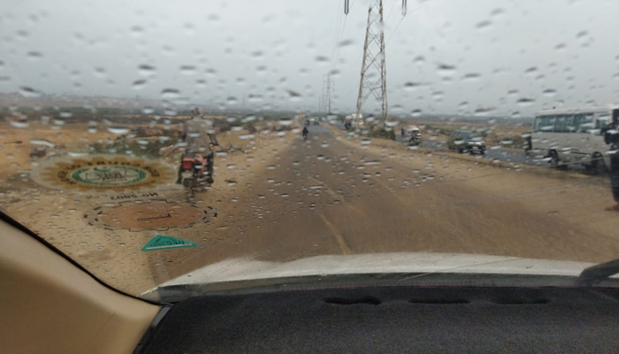 This image shows water droplets on a cars windshield in Karachis Korangi area amid rain in the different areas of the provincial capital on January 22, 2024. — Geo.tv
