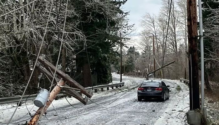 Fallen power lines near a car due to winter storms. —Oregonlive via Landon Lane