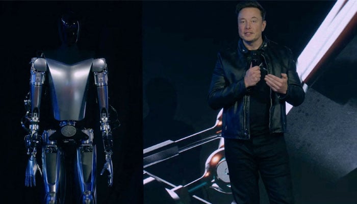 This video screen grab made from Tesla AI Day 2022 livestream shows Elon Musk standing on stage next to Optimus the humanoid robot in Palo Alto, California. — AFP/File
