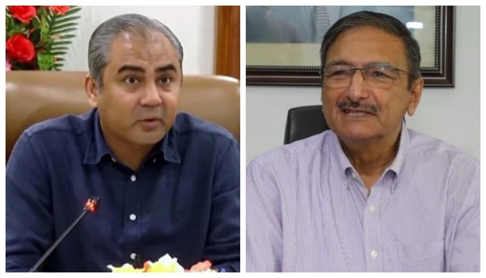 Caretaker Punjab Chief Minister Mohsin Naqvi (left) and former PCB Management Committee chairman Zaka Ashraf. — X/PCB/File