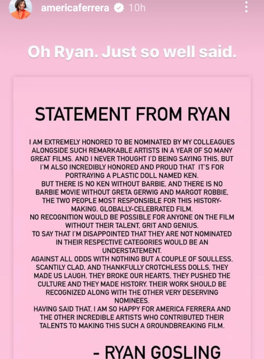 America Ferrera agrees to Ryan Gosling stance over Barbie Oscar snubs