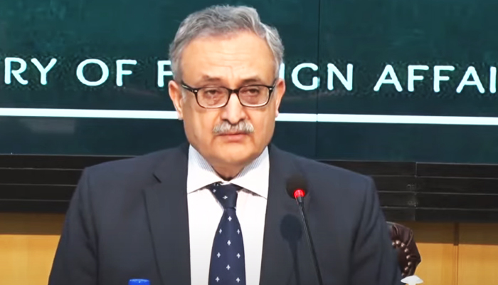 Foreign Secretary Syrus Sajjad Qazi addressing a press conference in Islamabad, on January 25, 2024, in this still taken from a video. — YouTube/GeoNews
