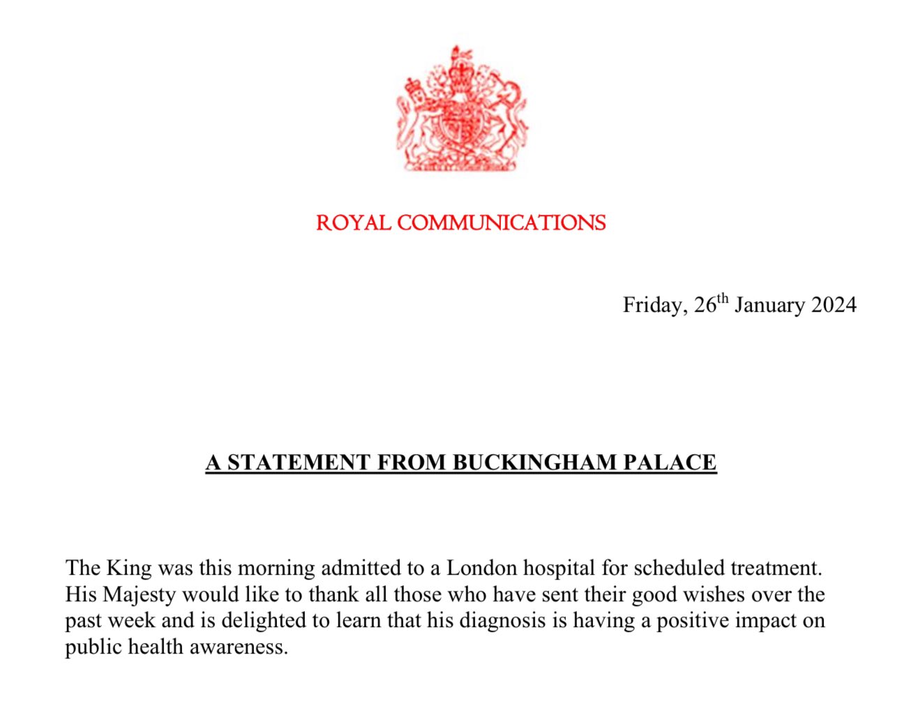 King Charles admitted to hospital for enlarged prostrate treatment