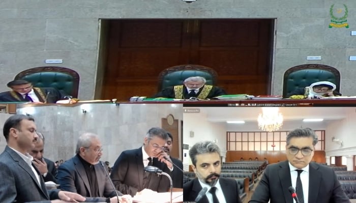 Chief Justice of Pakistan Qazi Faez Isa (top centre) is hearing the case pertaining to harassment of journalists in Pakistan. —Screengrab/ Supreme Court of Pakistan Proceedings/ YouTube