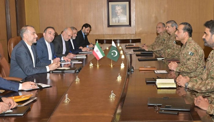 Iranian Foreign Minister Amir Abdollahian-led delegation holds a meeting with Chief of Army Staff (COAS) General Syed Asim Munir at GHQ on January 29, 2024. — ISPR