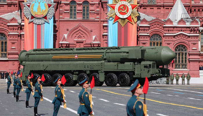 A Russian Yars intercontinental ballistic missile launcher rolls through Red Square during the Victory Day military parade in central Moscow on May 9, 2023. — AFP