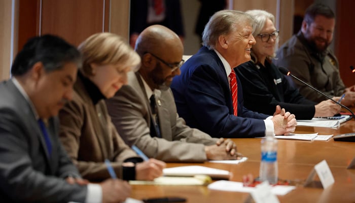 Eski ABD Başkanı Donald Trump, Uluslararası Taşımacılar Kardeşliği'nin liderleri ve üyeleriyle 31 Ocak 2024'te Washington DC'deki genel merkezlerinde bir araya geldi.  — AFP