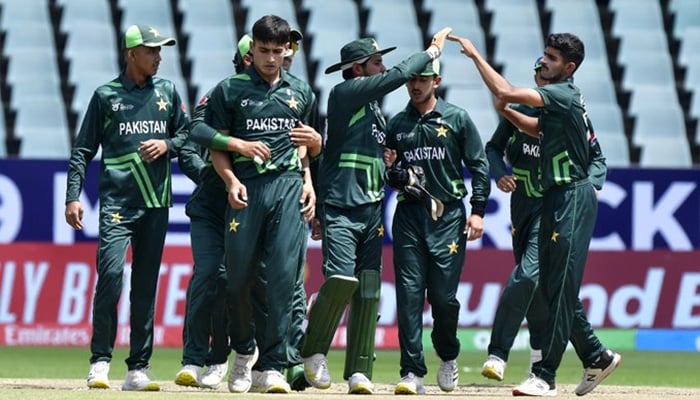 Pakistan U19 men’s cricket team during a 2024 ICC U19 World Cup match against Bangladesh played in Benoni, South Africa, on February 3, 2024. — X/@TheRealPCB