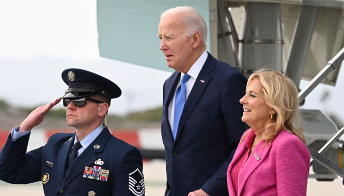 US President Joe Biden and First Lady Jill Biden disembark from Air Force One upon arrival at Los Angeles International Airport in Los Angeles, California, February 3, 2024. — AFP