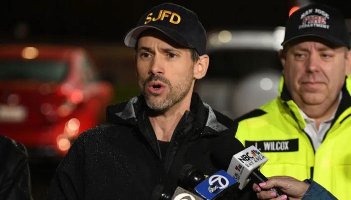 San Jose mayor Matt Mahan speaks to the media about the possible flooding of the Guadalupe River in San Jose, Calif., on Saturday, Feb. 3, 2024. — Mercury News