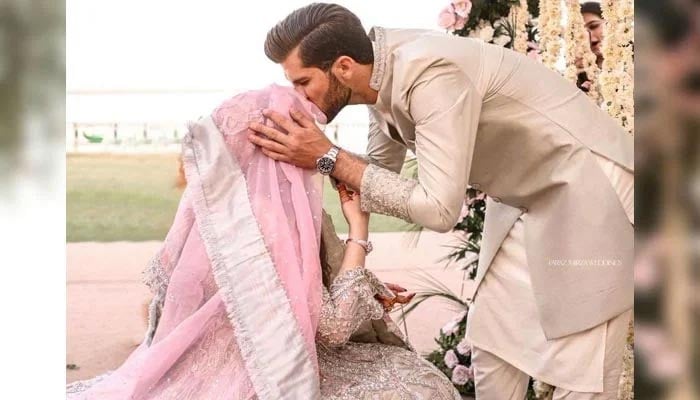 Pakistan pacer Shaheen Shah Afridi with his wife Ansha Afridi during nikah ceremony on February 3, 2023. — Twitter/@SAfridiOfficial